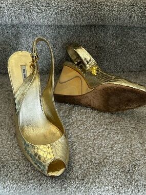 Miu Miu Gold Snakeskin Wooden Wedge Slingback Sandals